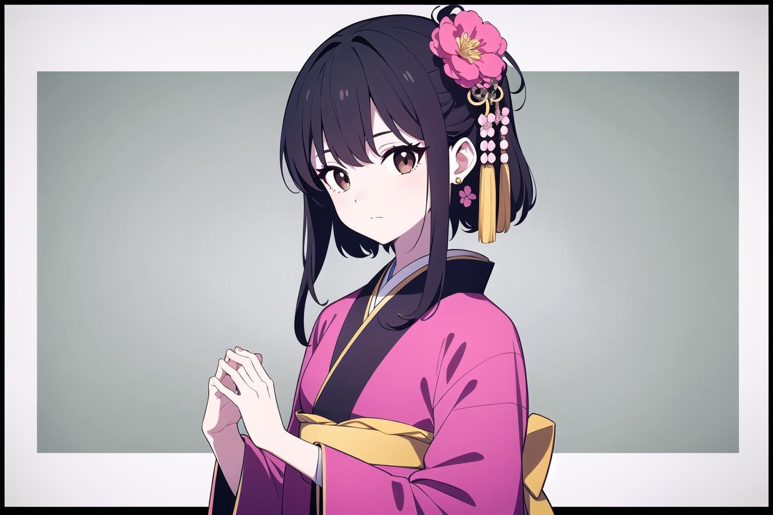 1girl, solo, hair ornament, black hair, flower, looking at viewer, hair flower, wide sleeves, jewelry, long sleeves, earrings, hanfu, closed mouth, upper body, own hands together, chinese clothes, kimono, border, sash, japanese clothes, pink flower, black eyes, makeup, brown eyes, simple background