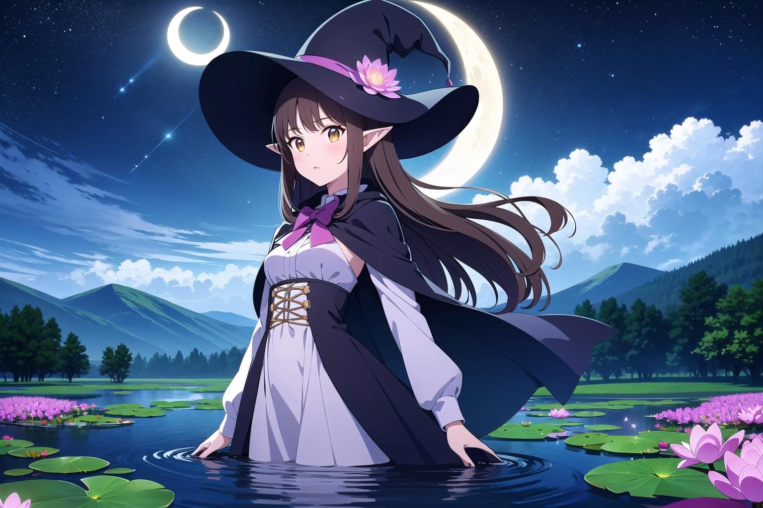 masterpiece, best quality,1girl, adjusting clothes, adjusting headwear, blush, bow, bowtie, breasts, brown eyes, brown hair, cloak, cloud, cloudy sky, crescent moon, dress, fantasy, flower, glowing, glowing flower, hat, light particles, lily pad, long hair, looking at viewer, moon, moonlight, mountain, mountainous horizon, night, outdoors, parted lips, pointy ears, pond, sky, small breasts, star (sky), starry sky, very long hair, wading, water lily flower, wind, witch, witch hat