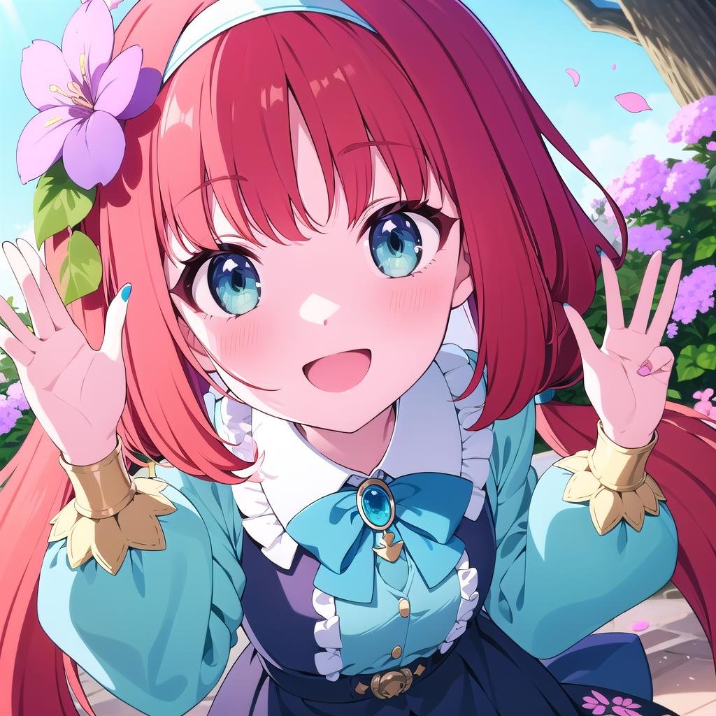 masterpiece, best quality, absurdres, nilou (genshin impact), 1girl, purple flower, skirt, flower, solo, frills, long hair, bangs, long sleeves, red hair, smile, parted bangs, hair flower, petals, looking at viewer, shirt, blue skirt, outdoors, brooch, twintails, hair ornament, white shirt, hairband, nail polish, alternate costume, floral print, bag, aqua eyes, open mouth, :d, blush, frilled sleeves, bow, falling petals, hand up, frilled hairband, blue gemstone, holding, blue bow, puffy long sleeves, very long hair, frilled skirt, frilled shirt, handbag, gem, waving, belt, jewelry, low twintails, bowtie, tree, contemporary, cowboy shot, clothing cutout, day, floating hair, braid, shoulder cutout, puffy sleeves, breasts, blue hairband, blue bowtie, light, green eyes, <lora:nilouGenshinImpact_v10:.8>