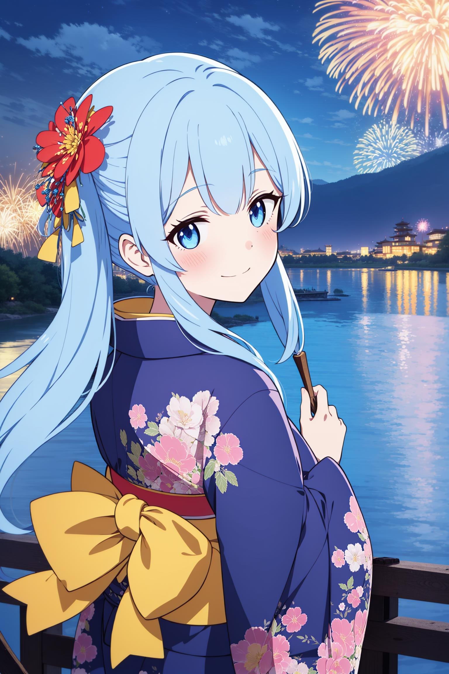 best_quality,masterpiece,1girl,solo,blue_hair,long_hair,kimono,floral print, nightime,fireworks,lakeside,from_above,blush,smile,clouds,moonlight,hair flower, obi,ribbon