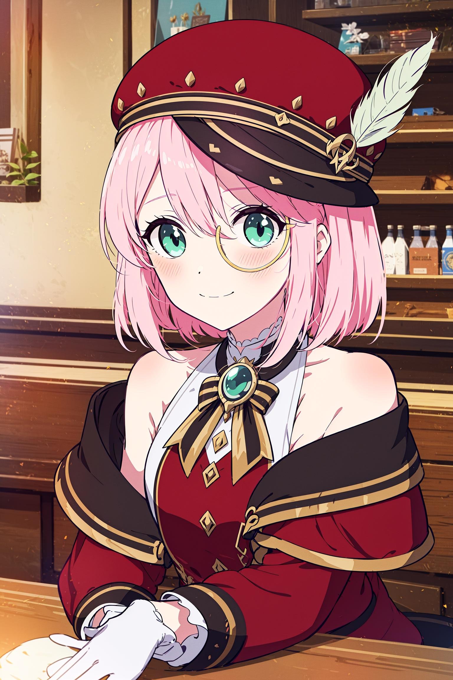 highres, sharp focus, pixiv masterpiece, ((intricate details)), highly detailed,best quality,masterpiece, high res,original, beautiful detailed eyes,ultra-detailed, 1girl, charlotte, hat, medium_hair, monocle, pink_hair, solo, green_eyes, gloves, red_jacket, long_sleeves, off_shoulder, shirt, looking_at_viewer,<lora:charlotte_v1:.8:OUTD>,red_headwear,looking at viewer, cap,swept bangs, brooch,ribbon,smile,blush,hair_feather,bare_shoulders,white_shirt, indoors,cafe