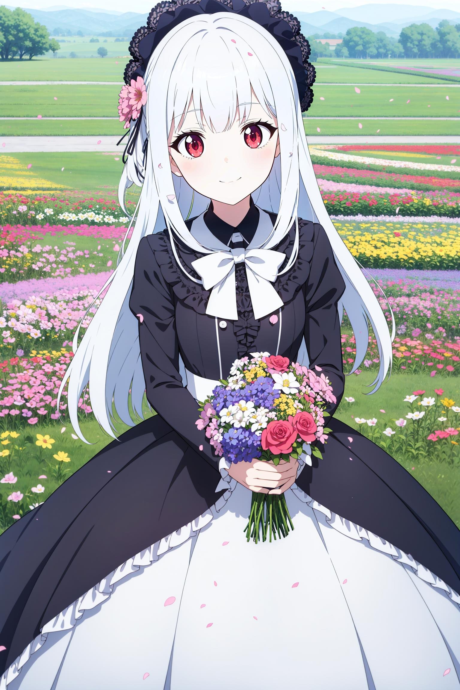 masterpiece, best quality, 1girl, solo, long_hair, looking_at_viewer, white hair, red eyes, smile, bangs, skirt, shirt, long_sleeves, hat, dress, bow, holding, closed_mouth, flower, frills, hair_flower, petals, bouquet, holding_flower, center_frills, bonnet, holding_bouquet, flower field, flower field, colorful