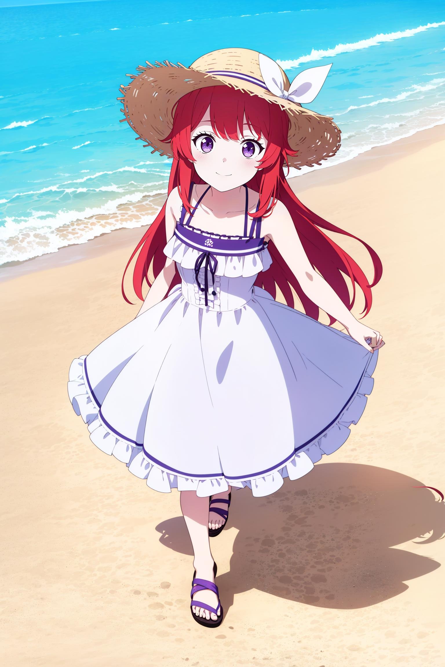 best_quality,masterpiece,1girl,red_hair,solo,purple_eyes,sundress,frills,beach,white_dress,ocean,clouds,long_hair,full_body,from_above,looking at viewer, smile,closed_mouth,anime_shading,island,clouds,sunny,ribbon,straw_hat,sandals