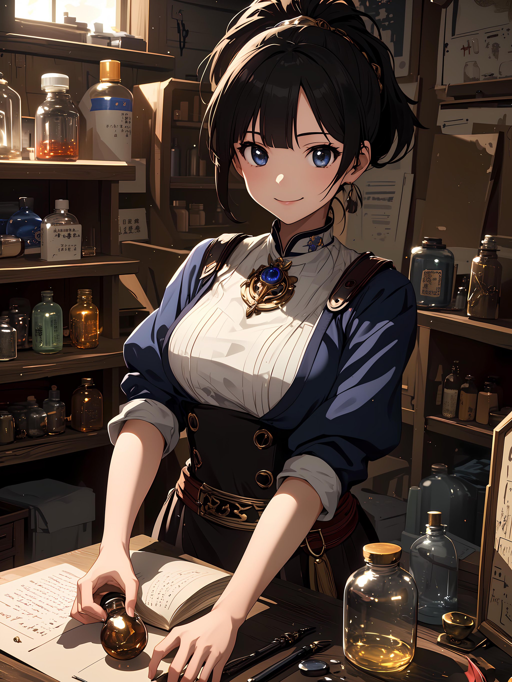 (fantasy:1.5),(anime,8k,masterpiece, top quality, best quality,beautiful and aesthetic:1.2,professional illustrasion:1.1,ultra detail:1.3,perfect  lighting),extremely detailed,highest detailed,incredibly absurdres , highres, ultra detailed,intricate:1.6,(Alchemy Workshop:1.4),A girl mixing,Medicine in many small bottles,holding small potion,colorful:1.4,zentangle,BREAk(1girl),(girl),(Three kingdoms female warload),(highly detailed beautiful face and eyes,firm breasts),oily skin,((black,hair,short bob with short pony tail hair)),thin pubic hair,cute,lovely,14 years old,alchemist costume,Merchant's Clothing,smile