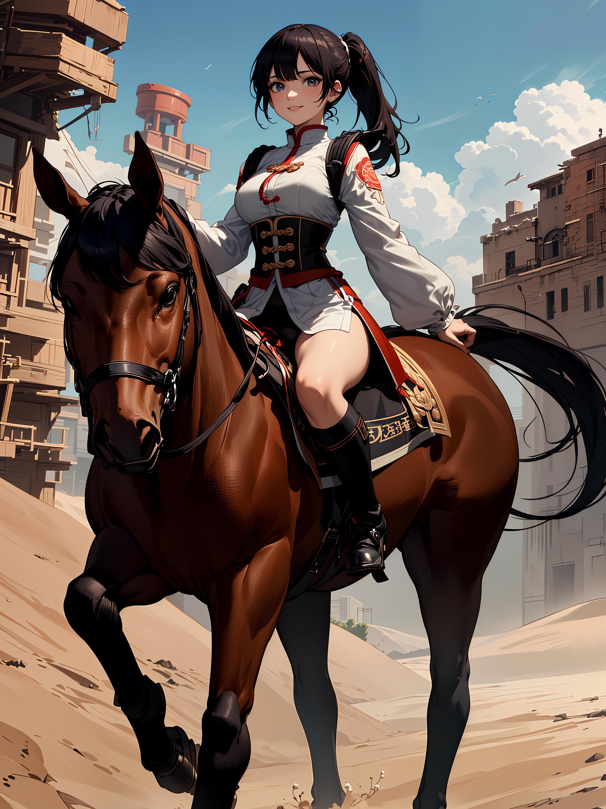 (anime,8k,masterpiece, top quality, best quality,beautiful and aesthetic:1.2,professional illustrasion:1.1,ultra detail:1.3,perfect  lighting),extremely detailed,highest detailed, absurdres , highres, ultra detailed,intricate:1.6,A girl riding a horse through the lunar desert.(girl),(Three kingdoms female),(highly detailed beautiful face and eyes,firm breasts),oily skin,((black,hair,short bob with short pony tail hair)),thin pubic hair,cute,lovely,14 years old,Tailored fit dresslight smile