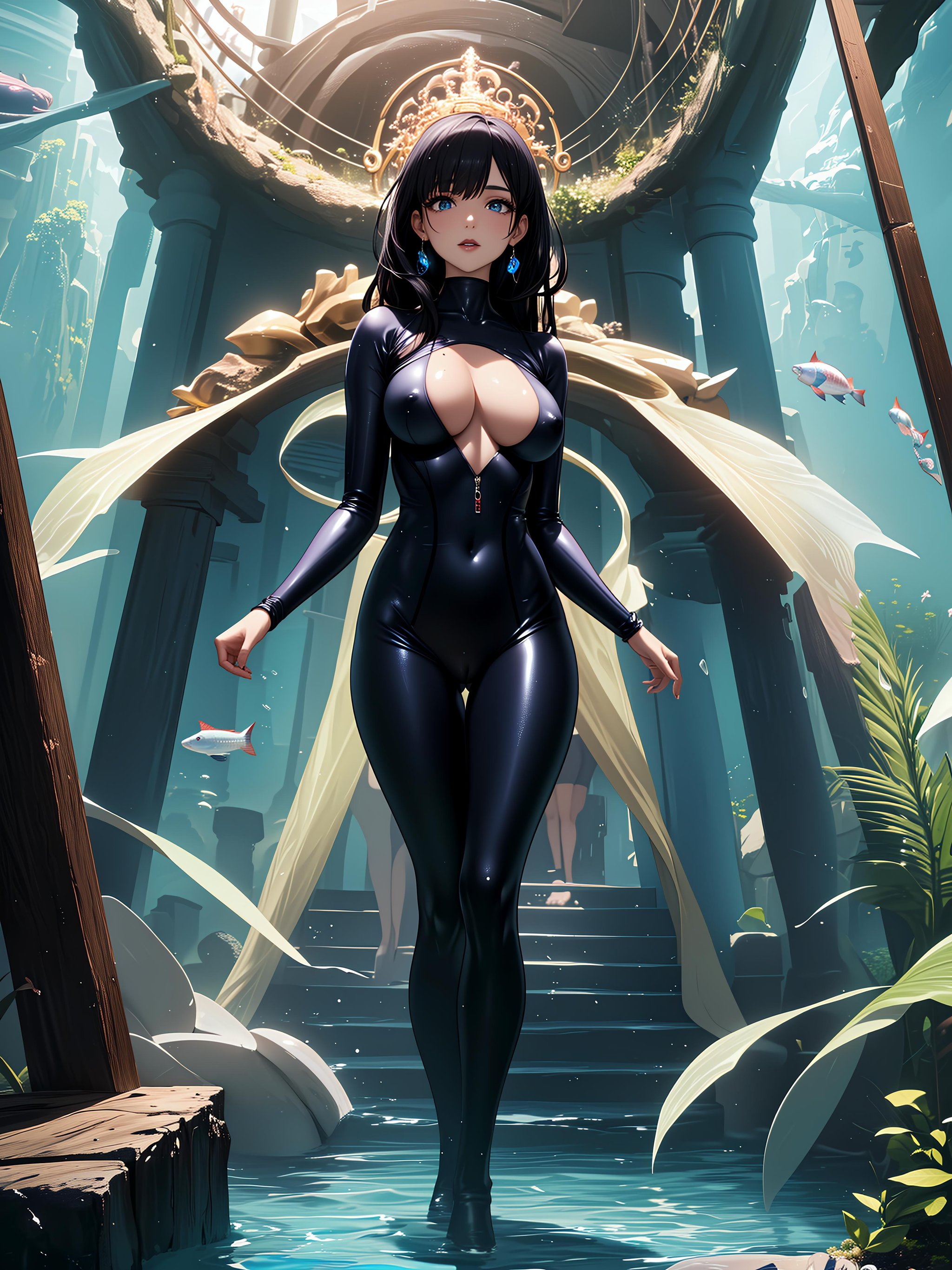 ((fantasy style:1.4)),(anime,8k,masterpiece, top quality, best quality,beautiful and aesthetic:1.2,professional illustrasion:1.1,ultra detail:1.3,perfect lighting),extremely detailed,highest detailed, absurdres , highres, ultra detailed,intricate:1.6,A girl swimming in the crystal clear sea,colorful:1.4,full body,girl, adult, pale skin, glamor, narrow waist, wide hips, large breasts, black hair, very long hair, straight hair, hair rings,(beautiful eyes:1.4,beautiful hair:1.4),attractive face:1.2,natural lipstick,eyelashes,empress,thin pubic hair,28 years old,swim suit,body suit,Full body rubber suit,snorkeling,nude,nsfw