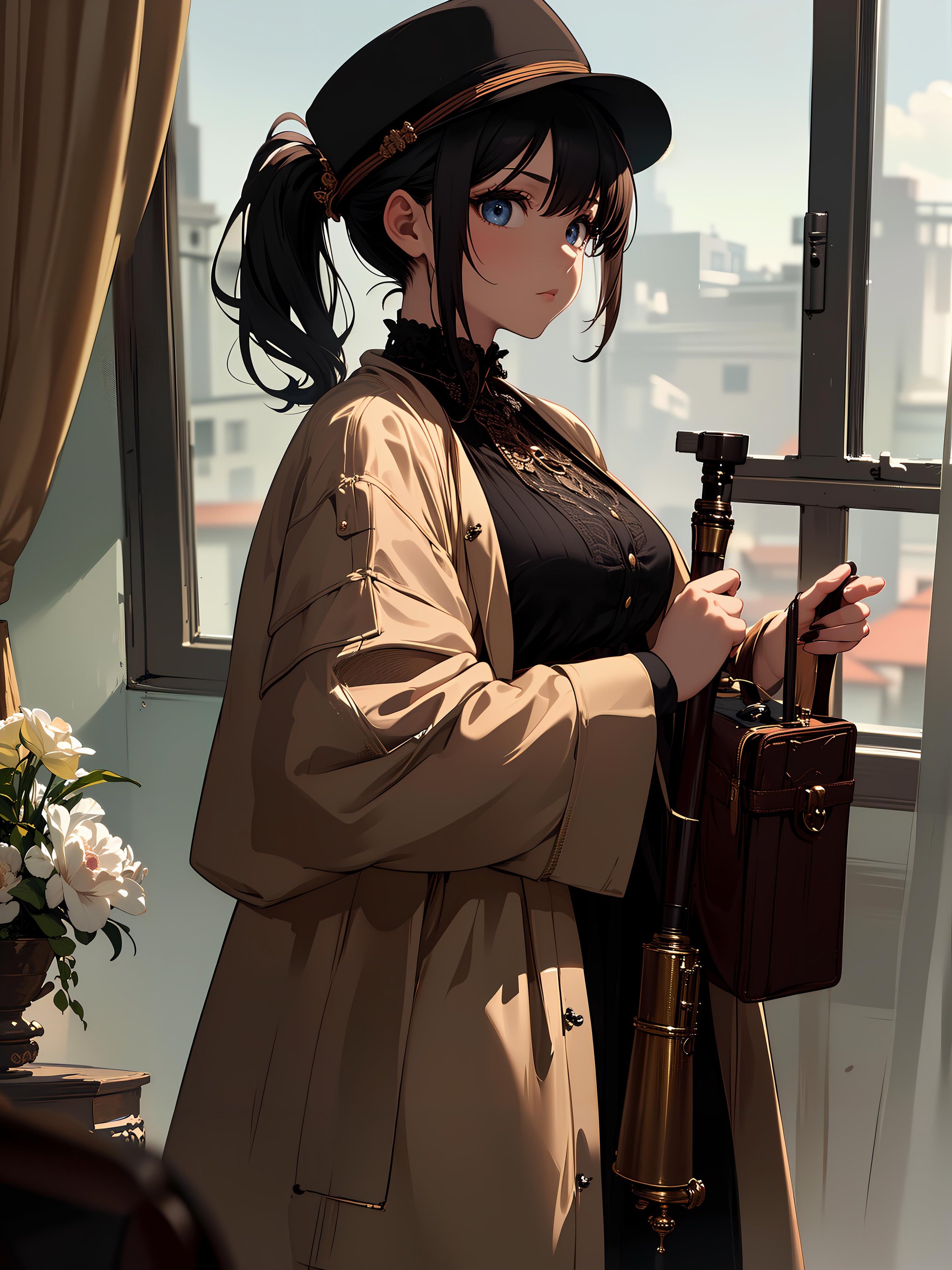 (1girl:1.3),(anime,8k,masterpiece, top quality, best quality,beautiful and aesthetic:1.2,professional illustrasion:1.1,ultra detail:1.3,perfect  lighting),extremely detailed,highest detailed,incredibly absurdres , highres, ultra detailed,intricate:1.6,(cowboy shot),(A girl dressed in Sherlock Holmes' attire. The image should depict the girl wearing a classic dress or a brown overcoat. Please include details such as a pipe, magnifying glass, or deerstalker hat to incorporate iconic elements of Holmes. If you have any additional instructions regarding the background or pose, please provide them as well.),(girl),(Three kingdoms female warload),(highly detailed beautiful face and eyes,firm breasts),oily skin,((black,hair,short bob with short pony tail hair)),cute,lovely