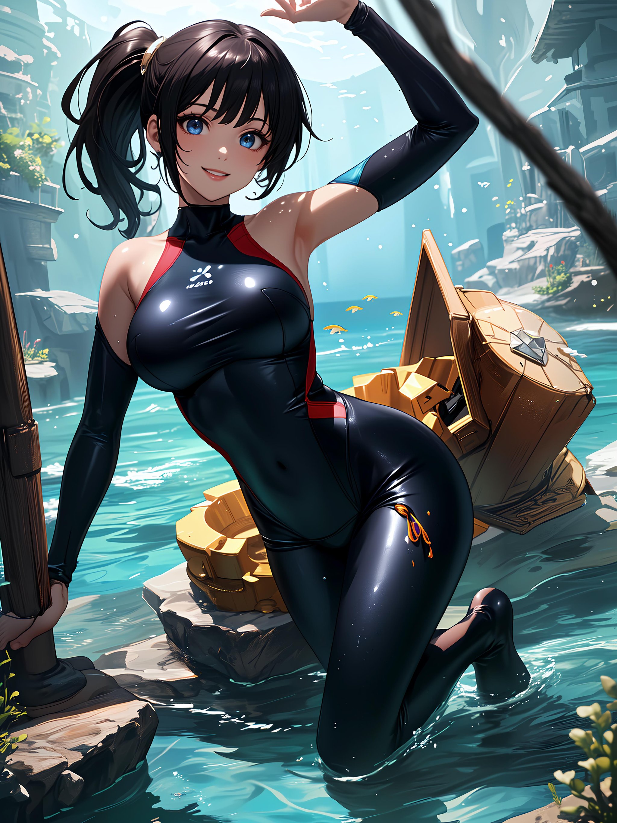 ((fantasy style:1.4)),(anime,8k,masterpiece, top quality, best quality,beautiful and aesthetic:1.2,professional illustrasion:1.1,ultra detail:1.3,perfect lighting),extremely detailed,highest detailed, absurdres , highres, ultra detailed,intricate:1.6,A girl swimming in the crystal clear sea,colorful:1.4,full body,(girl),(Three kingdoms female warload),(highly detailed beautiful face and eyes,firm breasts),oily skin,((black,hair,short bob with short pony tail hair)),cute,lovely,swim suit,body suit,Full body rubber suit,snorkeling,smile