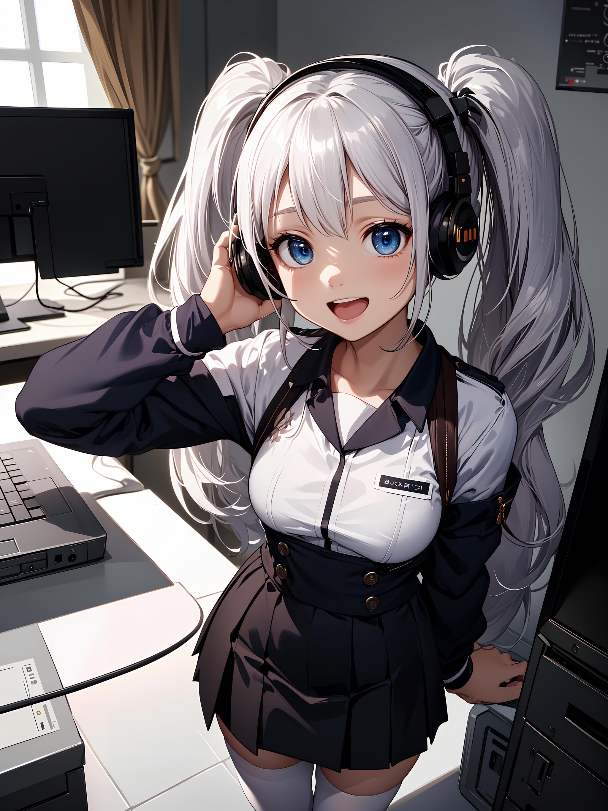 (masterpiece, top quality, best quality,beautiful,ultra detail:1.3,perfect  lighting,beautiful eyes),(extremely detailed,highest detailed, absurdres , highres,intricate),A girl talking to a screen while wearing headphones in front of a computer,She's laughing and talking with a happy face.,(young girl,hoshino ruri),(white,military costume,tight skirt),(highly detailed beautiful face and eyes,silver hair:1.5,twin tail:1.1,floating hair),(white tights up to the thighs),small stature,small breasts:1.5,shiny skin,cute,10 years old