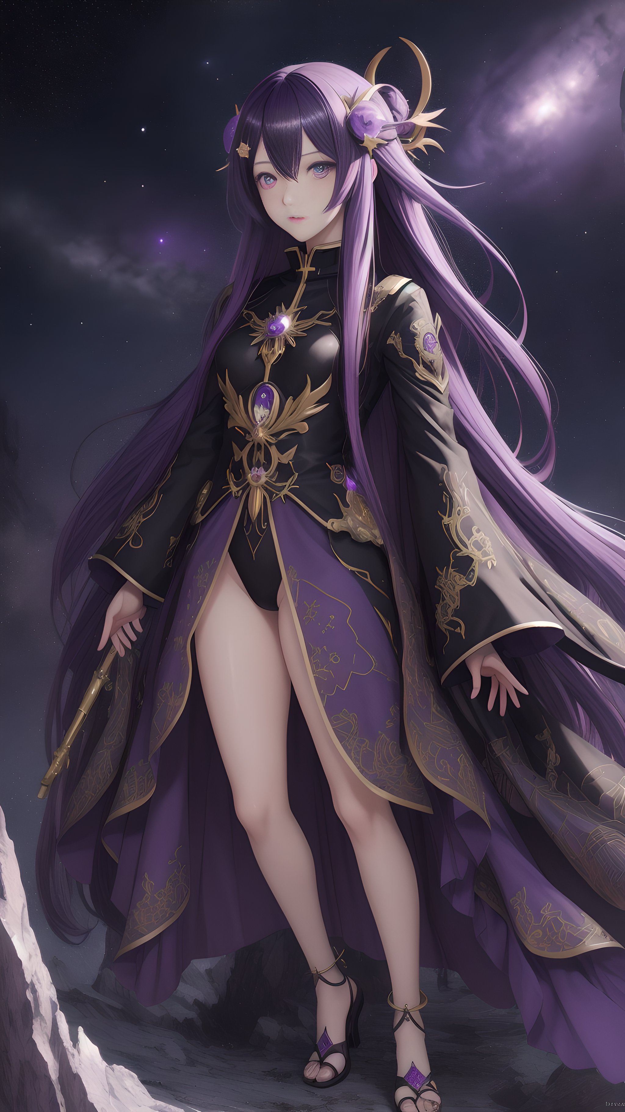 Full body,masterpiece, best quality, extremely detailed, ultra-detailed, illustration, hires, 8k, detailed illustration, Hoshino Ai, long hair, purple hair, streaked hair ,purple eyes, star-shaped pupils, hair ornament, (anime)