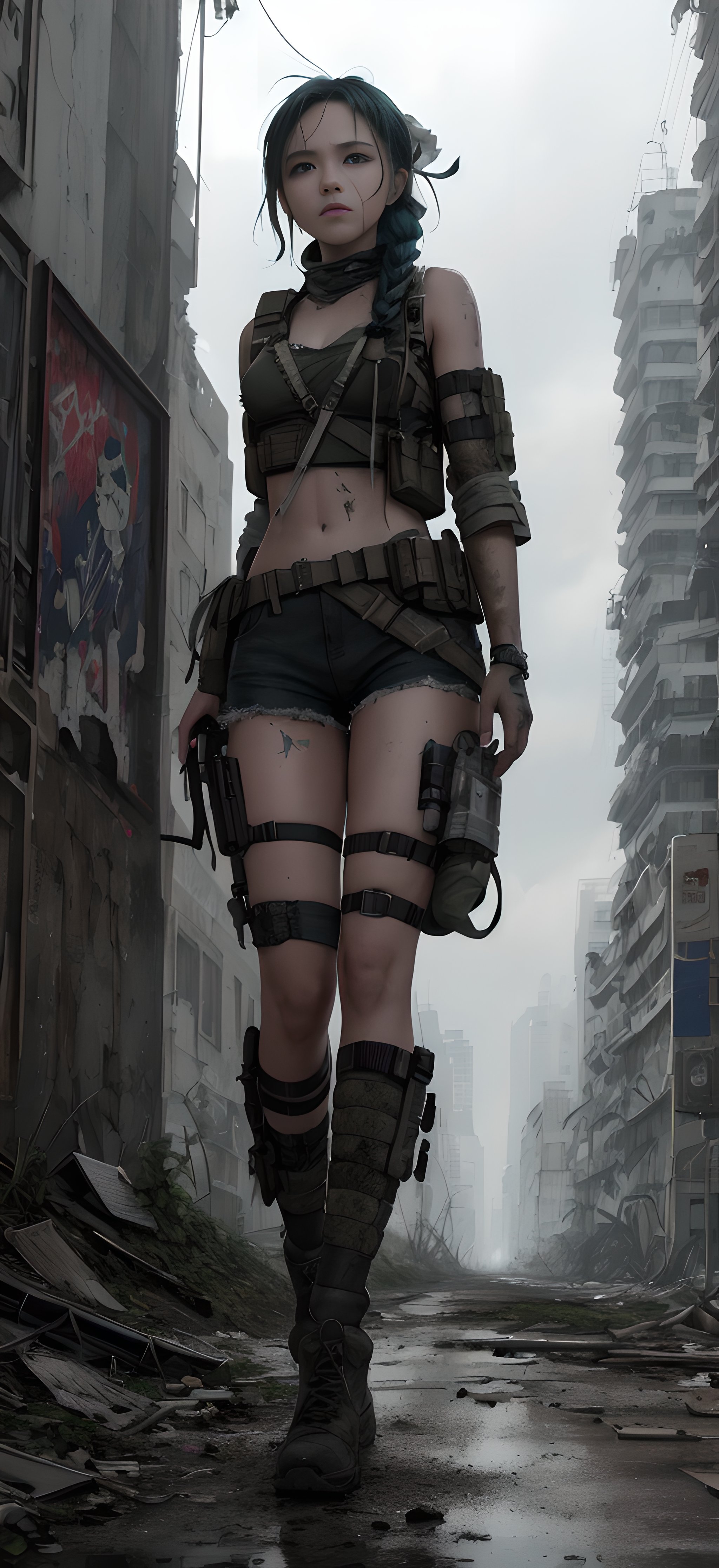 ,Full body,masterpiece, best quality, extremely detailed, ultra-detailed, illustration, A photo of a resourceful scavenger navigating a post-apocalyptic cityscape, her hair braided with colorful ribbons and adorned with scavenged trinkets. She wears a combination of patched clothing and tactical gear, blending practicality with a vibrant sense of style. Her striking green eyes, filled with curiosity, reflect her adaptability and resourcefulness. The background depicts crumbling buildings and overgrown vegetation, with hints of colorful graffiti reclaiming the urban landscape. The camera angle is eye level, capturing the character's confidence. ISO 400, shutter speed 1/125, focal length 50mm, and a medium depth of field. The desaturated color palette adds to the post-apocalyptic mood. The epic character composition, combined with sharp focus and natural lighting, brings the captivating image to life. The subsurface scattering effect adds a touch of ethereal glow, while the f2 aperture and 35mm lens create a perfect balance of depth and detail. 