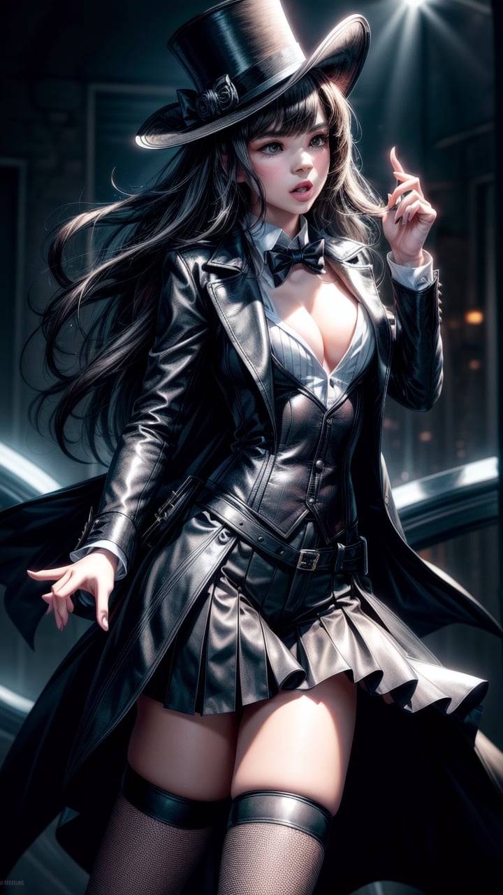 ultra detailed shot of a young woman, (Hailee Steinfeld) dressed as zatanna zatara, she wears a top hat  fishnet stockings very short leather pants white shirt and a tailcoat jacket, magical, art by mschiffer, ethereal, Zatanna from DC comics, she's making some magic, magical lights, 32k resolution, best quality, dynamic pose, action pose <lora:add_detail:0.4> <lora:more_details:1>