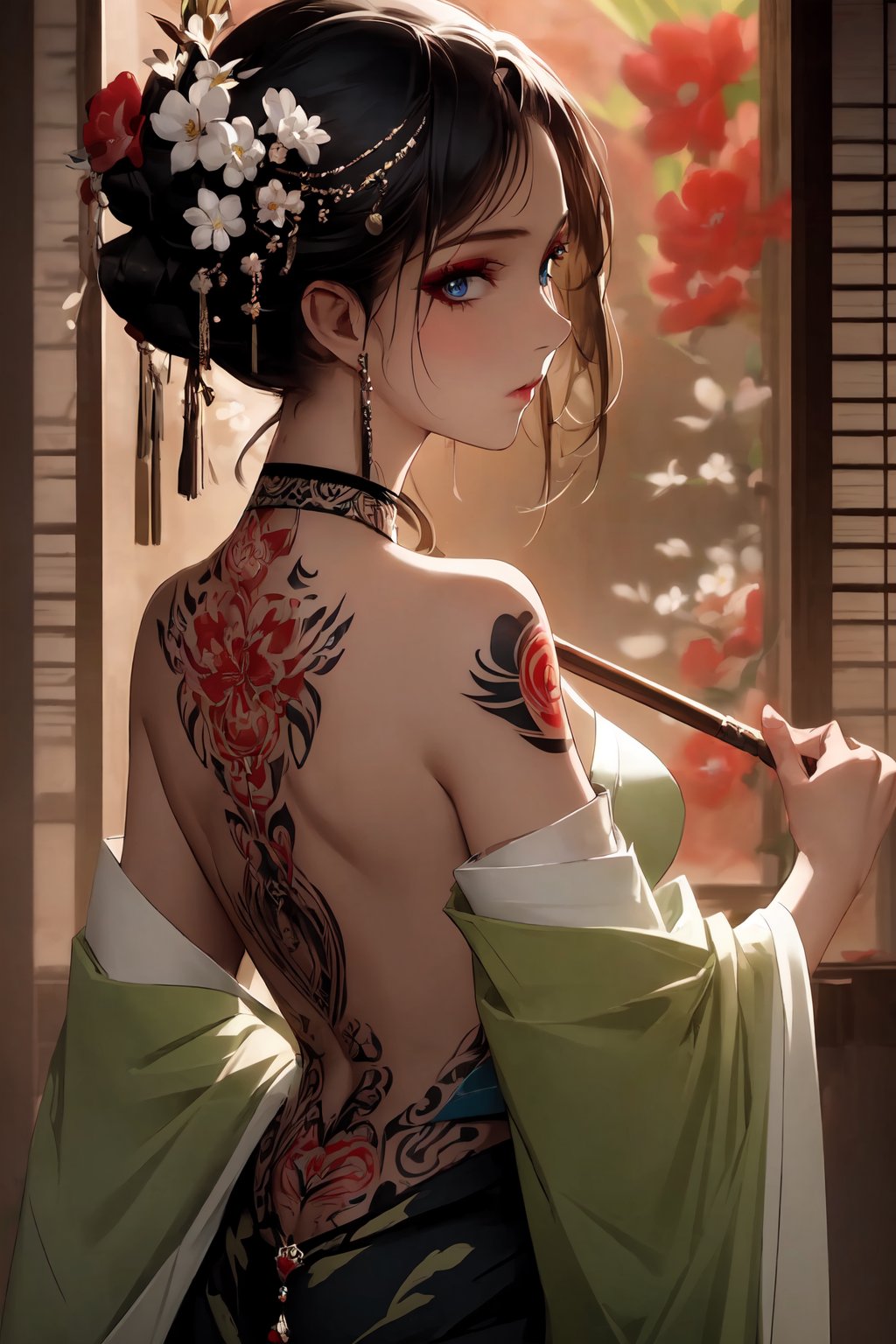 (masterpiece, top quality, best quality, official art, beautiful and aesthetic:1.2),1girl, tattoo, solo, japanese clothes, hair ornament, unsheathing, black hair, sheath, back tattoo, blue eyes, off shoulder, bare shoulders, looking back, from behind, flower, looking at viewer, holding, makeup,indoor,