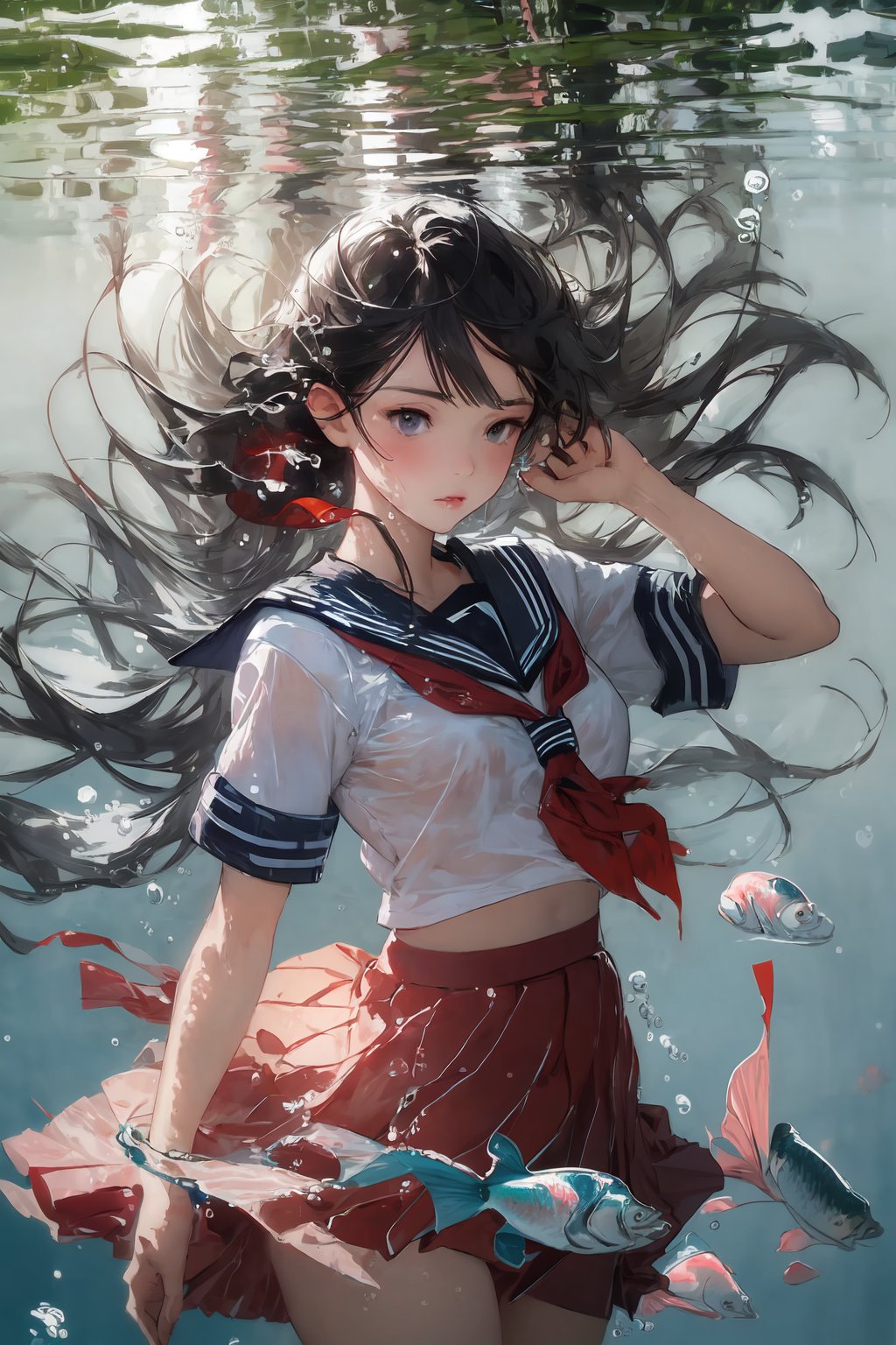 bubble, rating:safe, air_bubble, underwater, 1girl, fish, long_hair, submerged, school_uniform, serafuku, solo, water, skirt, neckerchief, short_sleeves,(Impressionism:1.4),