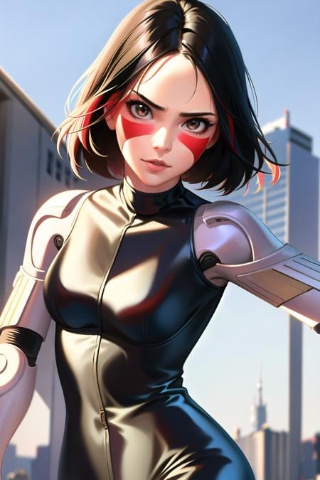 1girl, masterpice, high quality, high detailed, (solo), (nice hands), (nice face and eyes), short hair, black hair, brown eyes, latex, facial mark, mechanical arms, cyberpunk, red facepaint, android, gally, <lora:Gally-08:0.7>, city, blue sky, science fiction, random pose, dynamic view