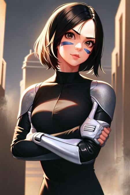 1girl, masterpice, high quality, high detailed, (solo), (nice hands), (nice face and eyes), short hair, black hair, brown eyes, black bodysuit, facial mark, mechanical arms, , cyberpunk, grey facepaint, android, gally,  science science fiction, <lora:Gally-08:0.8>, random pose, 