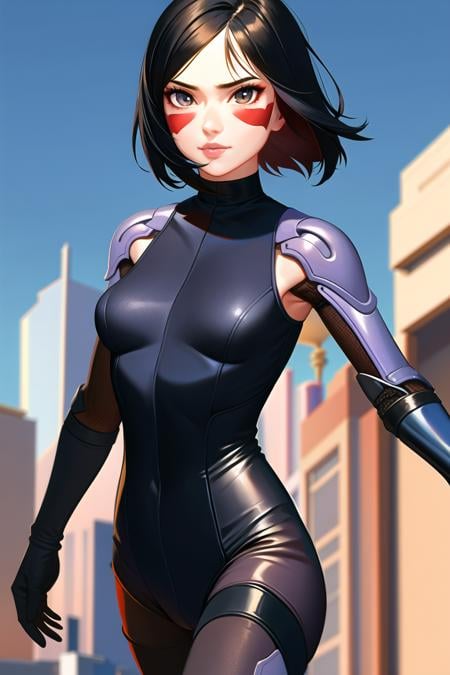 1girl, masterpice, high quality, high detailed, (solo), (nice hands), (nice face and eyes), short hair, black hair, brown eyes, black bodysuit, facial mark, mechanical arms, cyberpunk, red facepaint, android, gally, <lora:Gally-08:0.7>, city, blue sky, science fiction, 