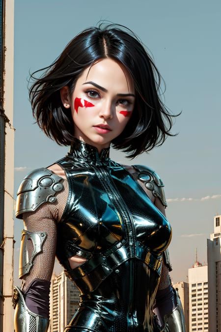 <lora:Gally-08:1>, short hair, black hair, brown eyes, bodysuit, facial mark, mechanical arms, cyberpunk, facepaint, android, gally,1girl, masterpice, high quality, best quality, good body, good hands and fingers, official art, perfect face, perfect hands, (solo), (city), people, science fiction, 