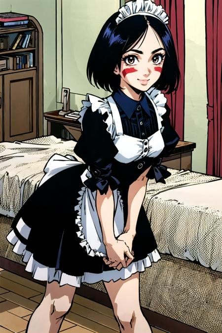 <lora:Gally-08:0.8>, short hair, black hair, brown eyes, maid, maid dress, facial mark, (mechanical arms), cyberpunk, red facepaint, android, gally, 1girl, masterpice, high quality, best quality, good body, good hands and fingers, official art, (perfect face and eyes), (perfect hands), (nice face), (nice hands), (solo), ((room)), people, science fiction,  smile, 