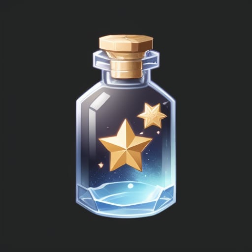 Game icon body, game icon,A wishing bottle, star, official art, well-structured, HD, 2d, game project icon, Black background, <lora:game icon institute_ecyfg:0.9>