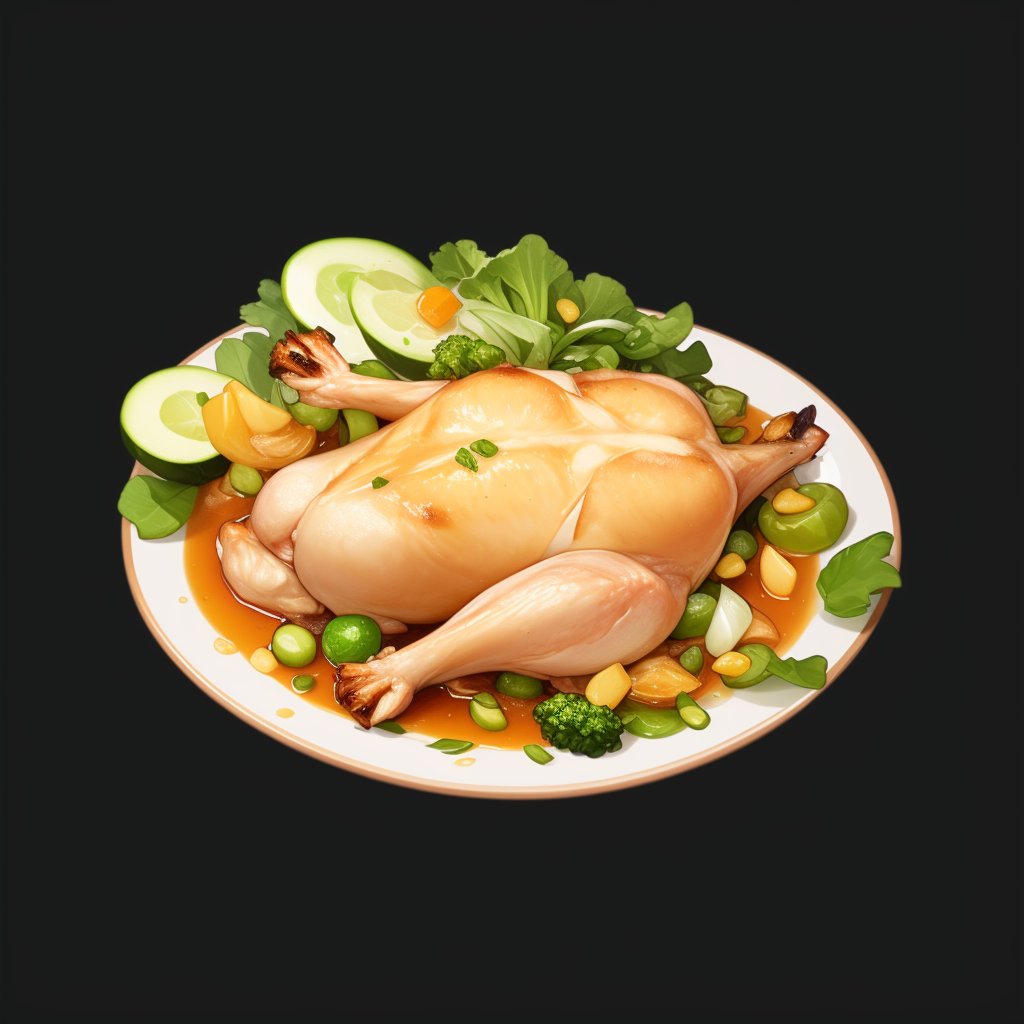 Game icon body, game icon,A delicious roast chicken, green vegetables, Onions, coffee,official art, well-structured, HD, 2d, game project icon, Black background, <lora:game icon institute_ecyfg:0.9>