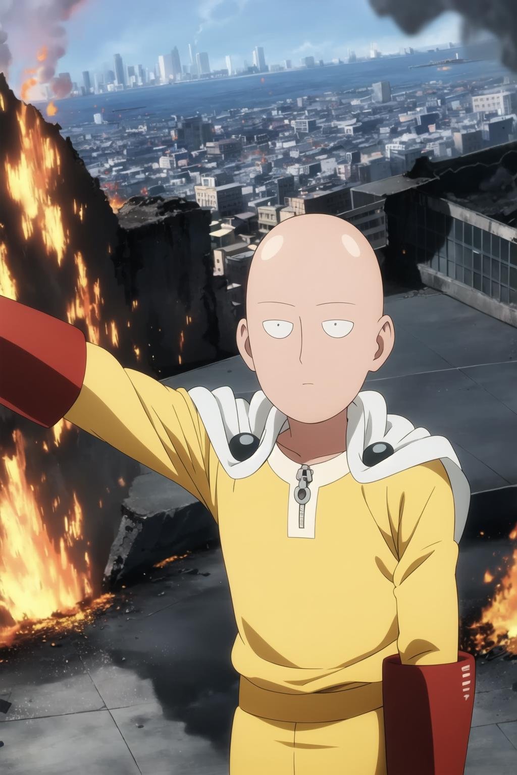 saitama, anime, one punch, 1boy, bald, upper body, close up, looking at viewer, standing, city, white cape, destruction, ruins, fire, <lora:Saitama-10:1>