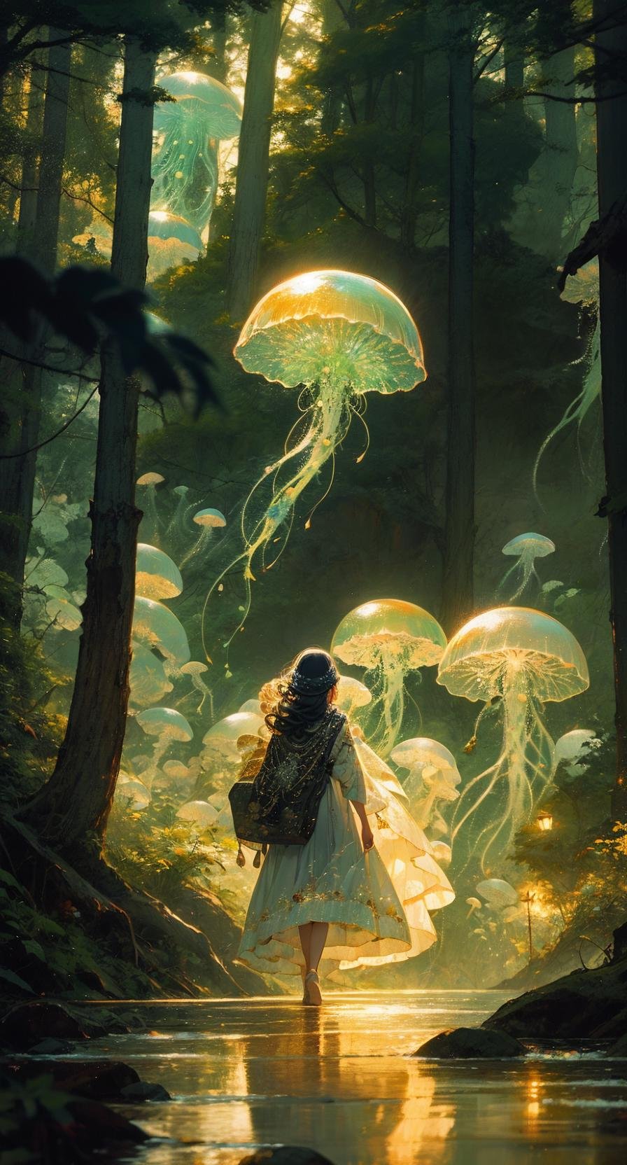 blue jellyfish,jellyfishforest, 1girl, long hair, dress, solo, black hair, mushroom, nature, white dress, outdoors, tree, walking, forest, water<lora:jellyfish-noise:1>