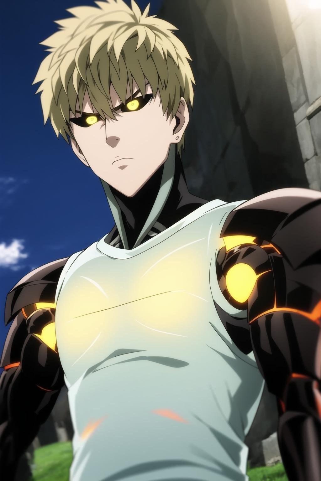 genos, anime, one punch, 1boy, male focus, solo, upper body, glowing, mechanical arms, outdoors, shirt, yellow eyes, blonde hair, colored sclera, looking at viewer, cyborg, serious, best quality, <lora:Genos:1>