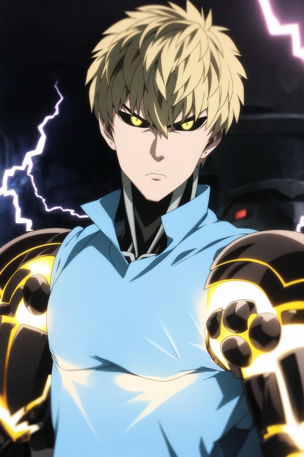 genos, anime, one punch, 1boy, male focus, solo, (electricity), shirt, yellow eyes, blonde hair, colored sclera, looking at viewer, cyborg, serious, best quality, <lora:Genos:1>