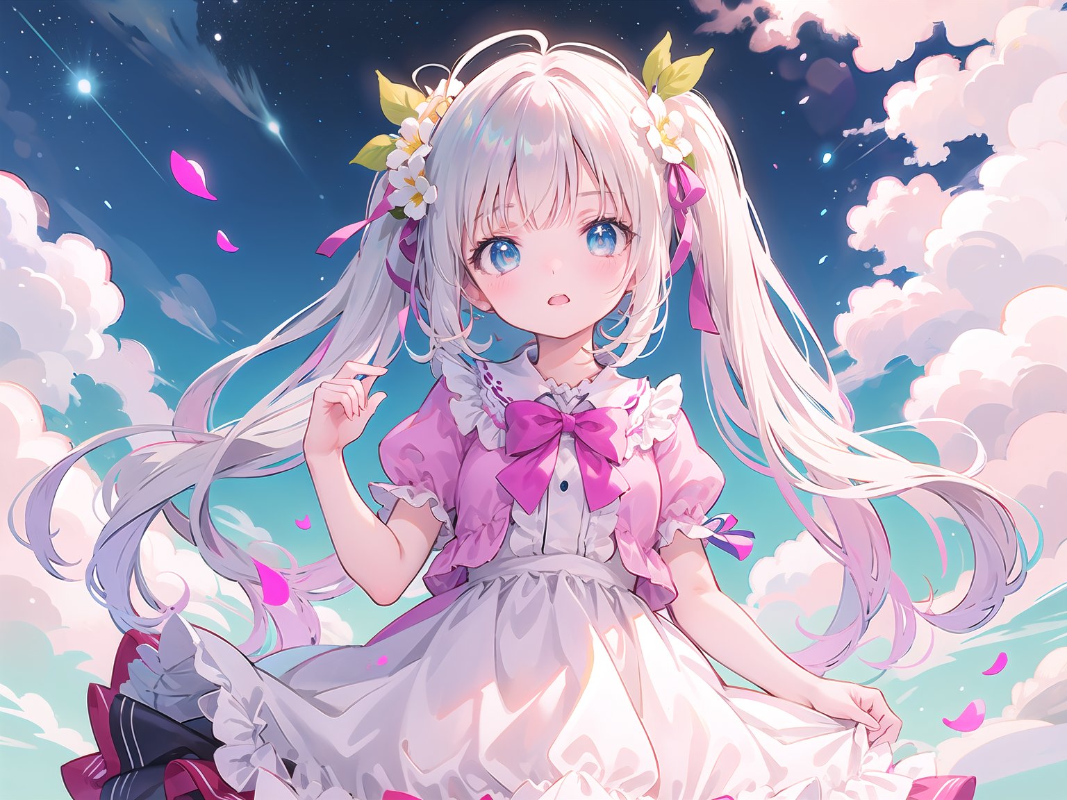 masterpiece, best quality, (loli),  upper body,frilled dress, long hair, twintails, bowtie, beautiful eyes, shamed, dynamic angle,, flower patterned dress