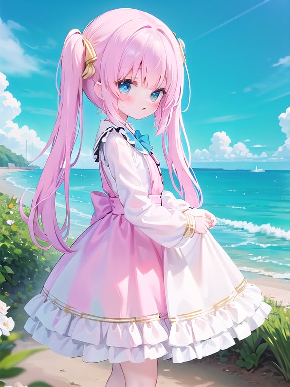 masterpiece, best quality, standing, cute, pink frilled dress,gold long hair, twintails, bowtie, beautiful eyes,  shamed,  from side,  blue sky,seaside, hidden hands