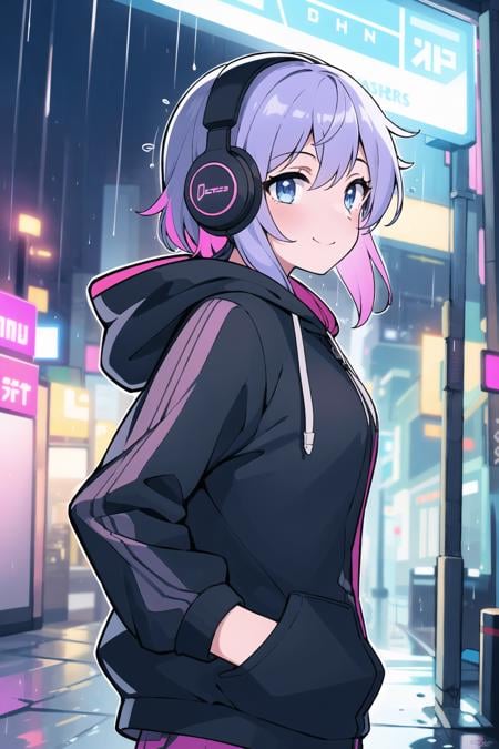 masterpiece,1girl,solo,incredibly absurdres,hoodie,headphones, street,outdoors,rain,neon lights, <lora:thickline_fp16:1>, light smile, hood up, hands in pockets, looking away, from side