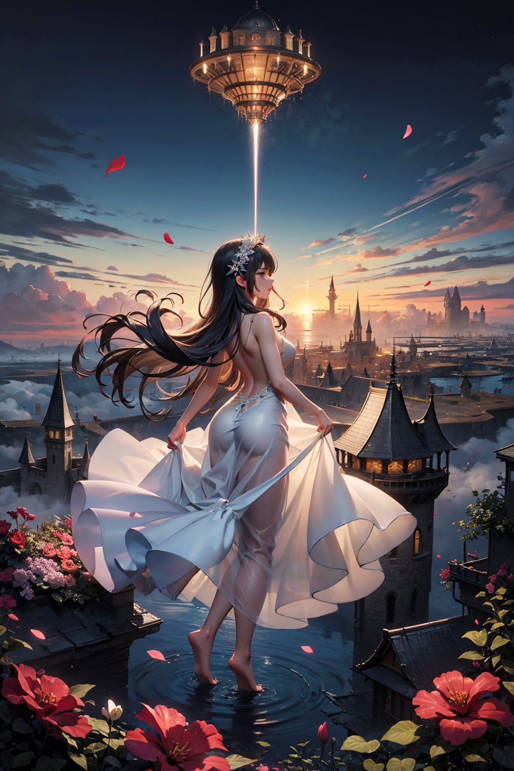 [nsfw:0.8], (back), white dress, (bare feet), (floating)/=(Extremely detailed floating city:1.3), ((1 detailed mirage-castle floats above the clouds)and(Detailed floats minarets illusion, detailed floats belfry illusion)and(Highly transparent mirage)and(Detailed view of the base of the Mirage castle)),ultra-detailed,extremely detailed and beautiful, sky and white cloud and sunset glow background,ultra-detailed birds, (floating city in bloom, Floating petals, blooming gardens in the sky,  many vines on the wall:1.2)Imagination, dream/=1 girl, (1 girl at floating city:1.3), (solo), (floating), behind head, (full body), (Backless dress), long dress, the girl away from camera, (long black hair), Oily skin(an extremely delicate and beautiful), (detailed light), volume light, best shadow, flash, Depth of field, Holy Light, (Super wide Angle lens)