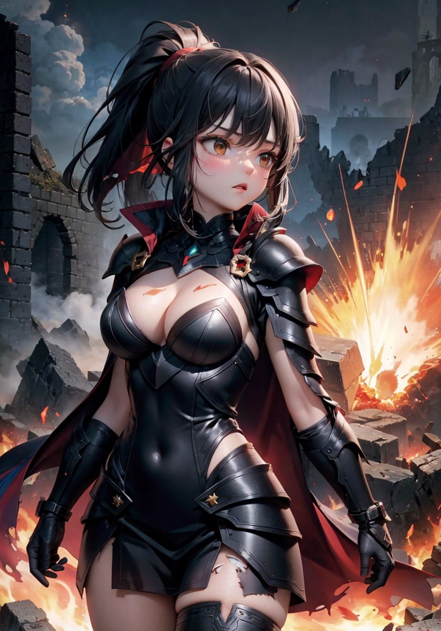 (black obsidian armor:1.17), (exquisite engraved), 1 girl, Gray skin, (Long black hair), ponytail, hair cord, (cowboy shot), (cool), cleavage(detailed light), (an extremely delicate and beautiful), volume light, best shadow, Depth of field, dynamic angle, [nsfw:0.8], Oily skin, (torn red cloak<(Powerful explosion and flame)>)(Grey fog, ruins in fog)(yellow carved)(explosion ruins, flying stones), (Velocity line:1.2), (Powerful explosion background)