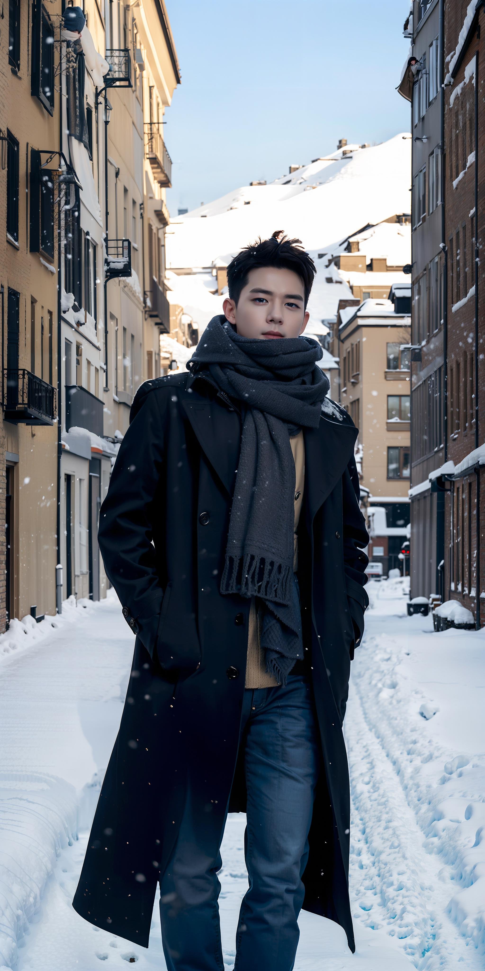 <lora:HandsomeKoreanBoys:0.7>,best quality, masterpiece, (photorealistic:1.4), 1boy, solo, short hair, big eyes, black coat,scarf, jeans,   full body, dramatic lighting, cowboy shot, looking at viewer, standing, outdoors, snow, cityscape, streets, buildings,
