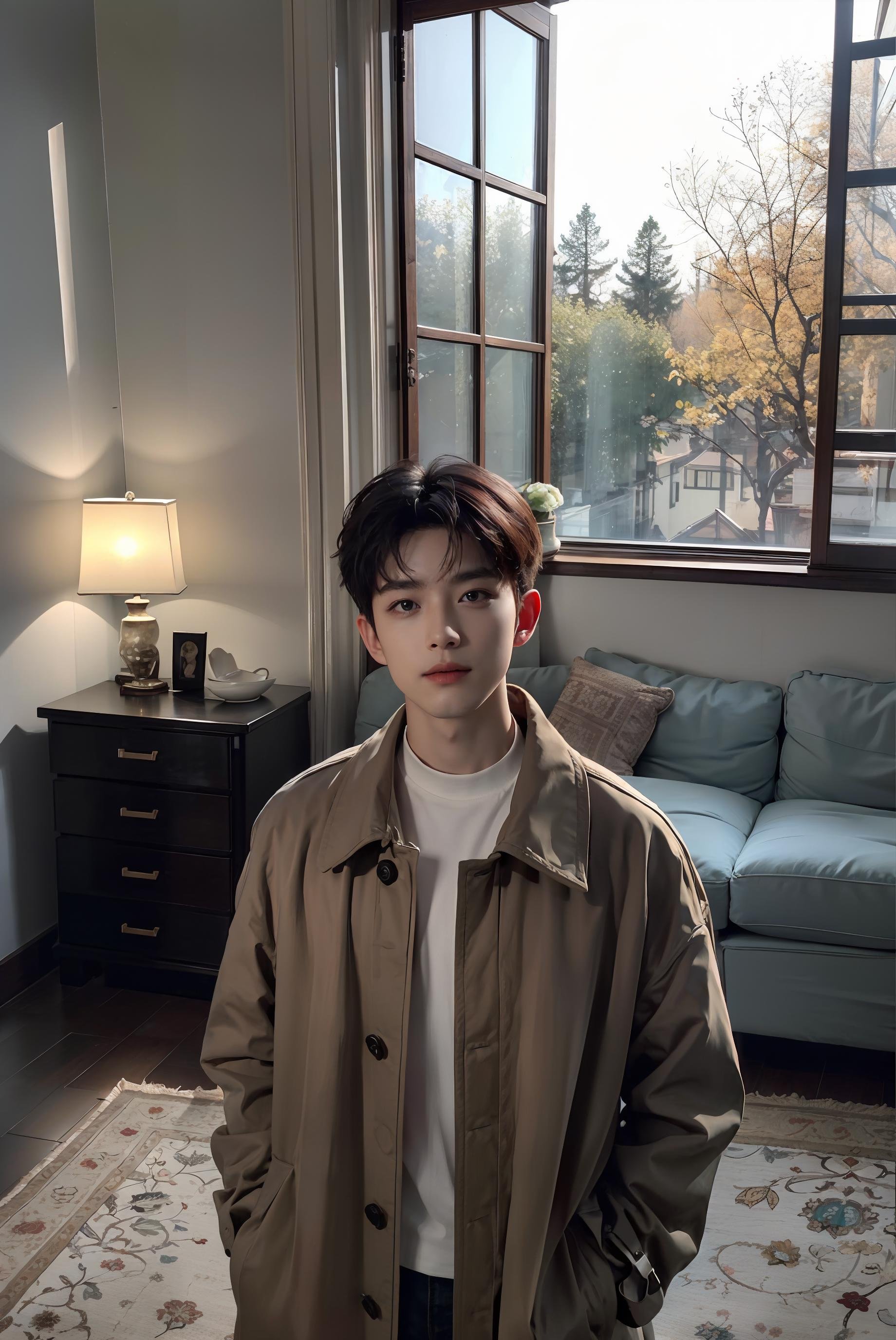 <lora:HandsomeKoreanBoys:0.7>,best quality, masterpiece, (photorealistic:1.4), 1boy, solo, short hair, big eyes, coat,long sleeves, upper body, dramatic lighting, looking at viewer, standing, indoors, living room, tables, carpet, wooden floor, decorations, window, sunshine
