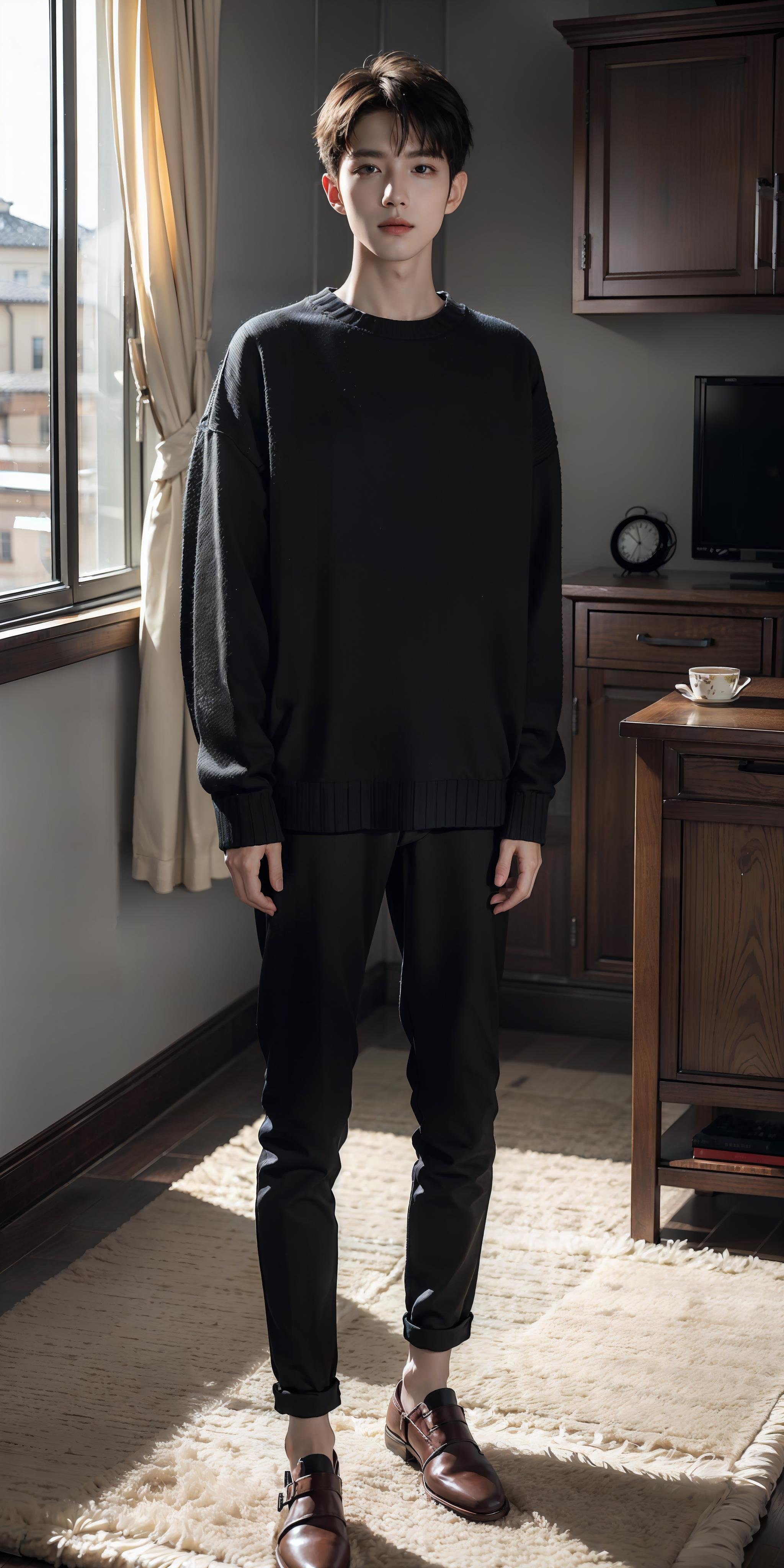 <lora:HandsomeKoreanBoys:0.65>,best quality, masterpiece, (photorealistic:1.4), 1boy, solo, short hair, big eyes, long sleeves, black pants, ((full body)), dramatic lighting, looking at viewer, standing, indoors, living room, tables, carpet, wooden floor, decorations, window, sunshine