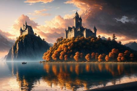 modelshoot style, (extremely detailed CG unity 8k wallpaper), photo of the most beautiful artwork in the world, (medieval castle at sunset on island surrounded by water and mountains in the distance), (ethereal clouds), (gorgeous sky), (breathtaking), (LoTR inspired), fantasy landscape, professional majestic oil painting by Ed Blinkey, Atey Ghailan, Studio Ghibli, by Jeremy Mann, Greg Manchess, Antonio Moro, trending on ArtStation, trending on CGSociety, Intricate, High Detail, Sharp focus, dramatic, photorealistic painting art by midjourney and greg rutkowskiNegative prompt