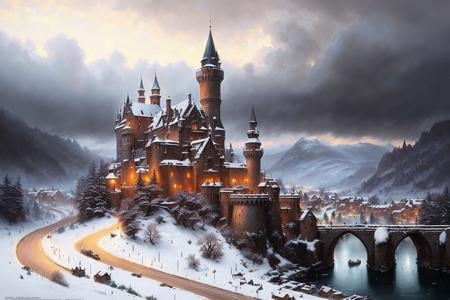 (extremely detailed CG unity 8k wallpaper), ((full shot photo of the most beautiful artwork of a medieval castle with surrounding village, in winter in a valley)), ((snow falling)), ((gorgeous cloudy sky)), ((Oil Painting)), ((Painterly)), ((GoT inspired)), nostalgia, (professional majestic oil painting by Ed Blinkey, Atey Ghailan, Studio Ghibli, by Jeremy Mann, Greg Manchess, Antonio Moro, trending on ArtStation, trending on CGSociety, Intricate, High Detail, Sharp focus, dramatic, photorealistic painting art by midjourney and greg rutkowski)