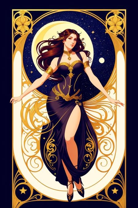 Elaborate border, Beautiful woman in flowing dress laying reclined sensually on a large crescent moon with a background of stars, night sky background, blues and gold, good anatomy, dynamic pose, good proportions, modern style, vector, highly detailed, intricate, masterpiece, realistic, professional, Dark Fantasy, d&d Elder Scrolls Diablo III, (centered), (well framed), vector-art, gradient color, detailed, realistic, professional art masterpiece, (Art Nouveau), Illustration by Alphonse Mucha, (vector-art:1.1)