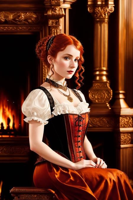 (medium portrait) (oil painting) (close up:0.95) of a Beautiful scottish ginger haired woman, (upsweep updo), sitting on a ornately carved victorian wooden chair, (wearing a dark red fancy Victorian era dress), (corset & skirts), seductively posing, small breasts, (pale skin & dark red lips), dark eye shadow, (ornate pendant), (in front of a large ornate roaring fireplace), with candles on the mantle, (set in a luxurious fantasy castle at night), (Nighttime), (lit by fireplace), (ember particles), (cinematic), (dramatic), Renaissance style, (Fujifilm XT3:1.1), (high detailed face:1.5), (perfect hands), Style-Empire, H0GLEGACYV2, (style-sylvamagic)