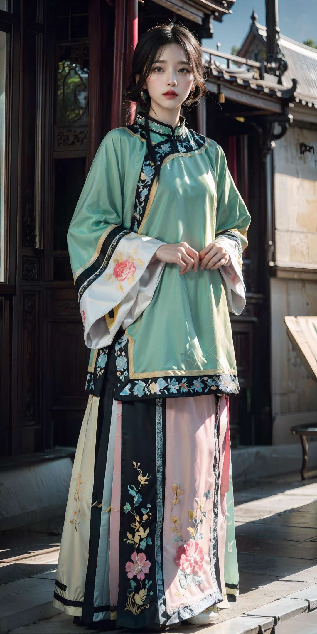 <lora:QingNvZhuang:0.8>,(pink/yellow/green/blue/red/white chinese clothes),(floral print), (pink/yellow/green/blue/red/white/black long skirt),(long sleeves),1 girl,full body,(short hair:1.1), (realistic:1.7),((best quality)),absurdres,(ultra high res),(photorealistic:1.6),photorealistic,octane render,(hyperrealistic:1.2), (photorealistic face:1.2), (8k), (4k), (Masterpiece),(realistic skin texture), (illustration, cinematic lighting,wallpaper),( beautiful eyes:1.2),((((perfect face)))),(cute),(standing),(black hair),black eyes,red lips, outdoors, chinese buildings, <lora:JapaneseDollLikeness_v15:0.45>