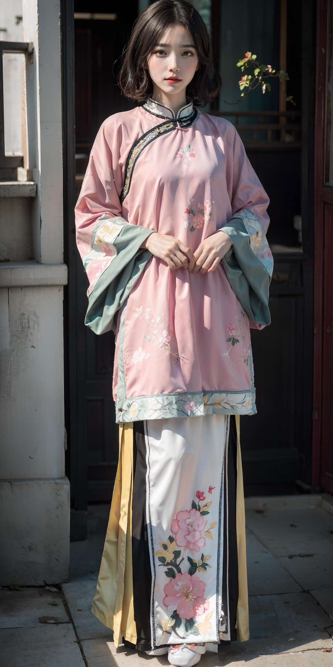 <lora:QingNvZhuang:0.6>,(pink/yellow/green/blue/red/white chinese clothes),(floral print), (pink/yellow/green/blue/red/white/black long skirt),(long sleeves),1 girl,full body,(short hair:1.1), (realistic:1.7),((best quality)),absurdres,(ultra high res),(photorealistic:1.6),photorealistic,octane render,(hyperrealistic:1.2), (photorealistic face:1.2), (8k), (4k), (Masterpiece),(realistic skin texture), (illustration, cinematic lighting,wallpaper),( beautiful eyes:1.2),((((perfect face)))),(cute),(standing),(black hair),black eyes,red lips, outdoors, chinese buildings, <lora:JapaneseDollLikeness_v15:0.4>