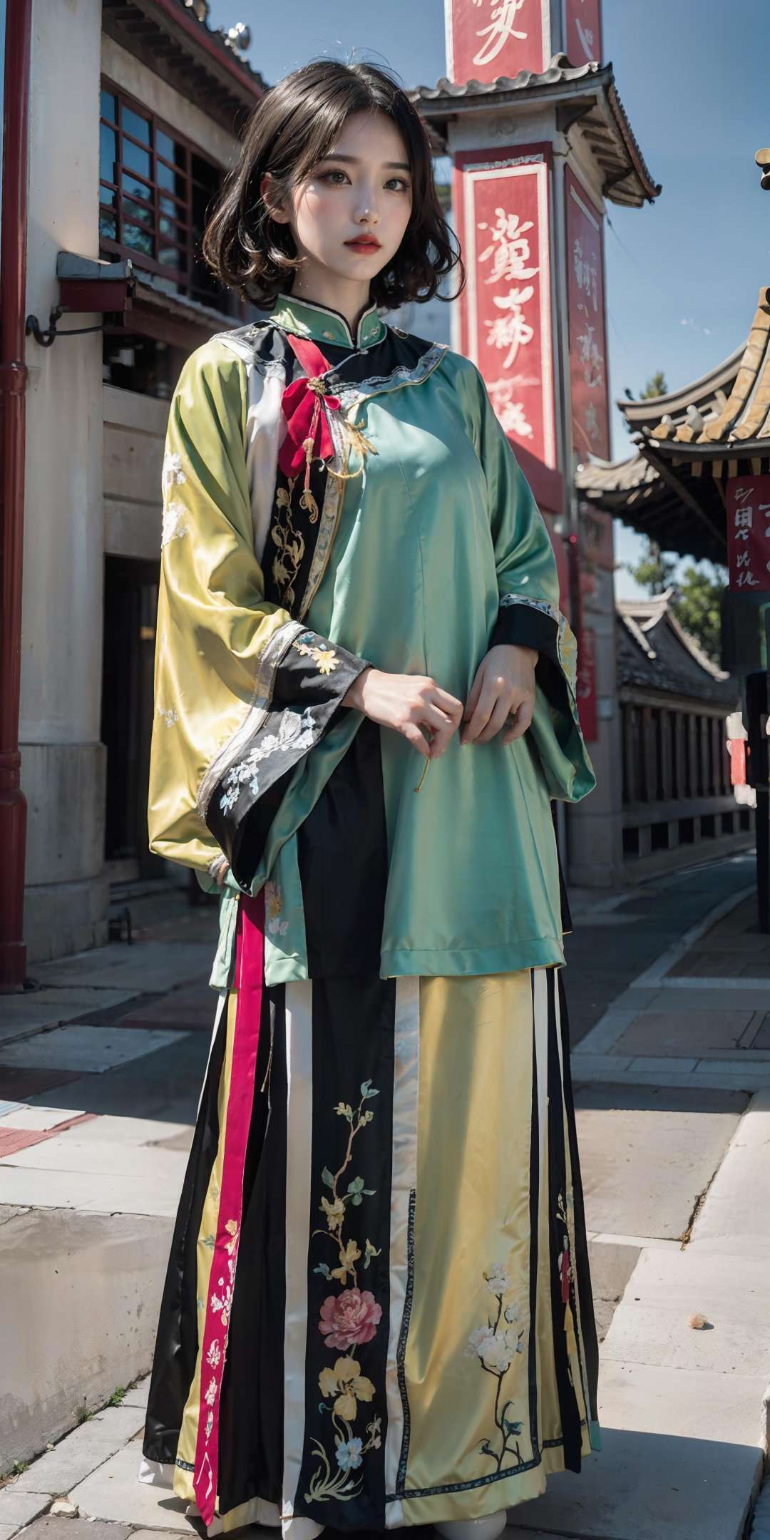 <lora:QingNvZhuang:0.6>,(pink/yellow/green/blue/red/white chinese clothes),(floral print), (pink/yellow/green/blue/red/white/black long skirt),(long sleeves),1 girl,full body,(short hair:1.1), (realistic:1.7),((best quality)),absurdres,(ultra high res),(photorealistic:1.6),photorealistic,octane render,(hyperrealistic:1.2), (photorealistic face:1.2), (8k), (4k), (Masterpiece),(realistic skin texture), (illustration, cinematic lighting,wallpaper),( beautiful eyes:1.2),((((perfect face)))),(cute),(standing),(black hair),black eyes,red lips, outdoors, chinese buildings, <lora:JapaneseDollLikeness_v15:0.4>