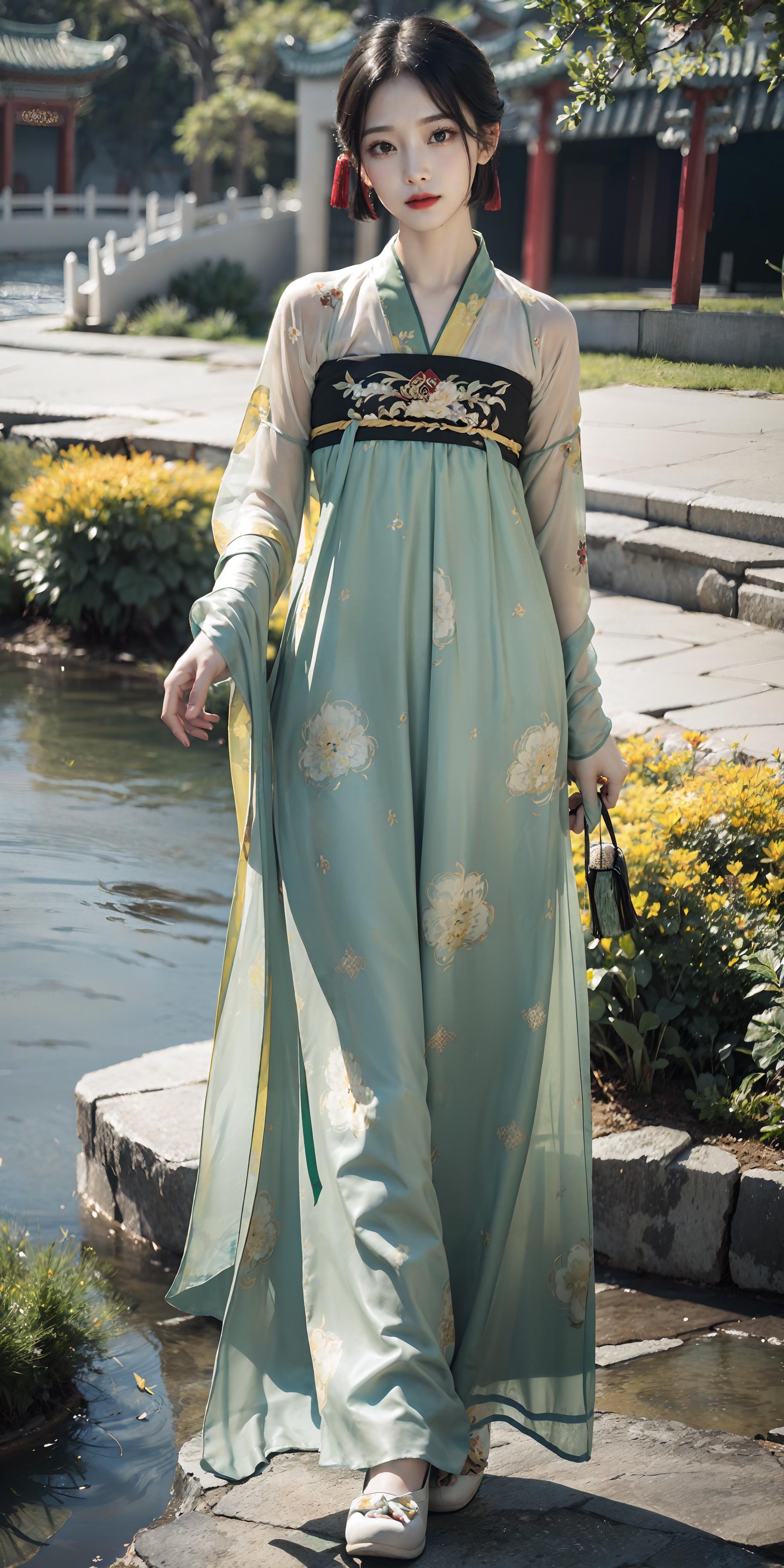 <lora:tang_hanfu:0.6>,(hanfu),(chinese clothes),((floral print)),((yellow magnificent print long sleeves)),((green print see-through dress)),1 girl,full body,(short hair),(realistic:1.7),((best quality)),absurdres,(ultra high res),(photorealistic:1.6),photorealistic,octane render,(hyperrealistic:1.2), (photorealistic face:1.2), (8k), (4k), (Masterpiece),(realistic skin texture), (illustration, cinematic lighting,wallpaper),( beautiful eyes:1.2),((((perfect face)))),(cute),(standing),(black hair),black eyes,red lips, outdoors,(chinese style countryard),(pond),<lora:JapaneseDollLikeness_v15:0.25>,