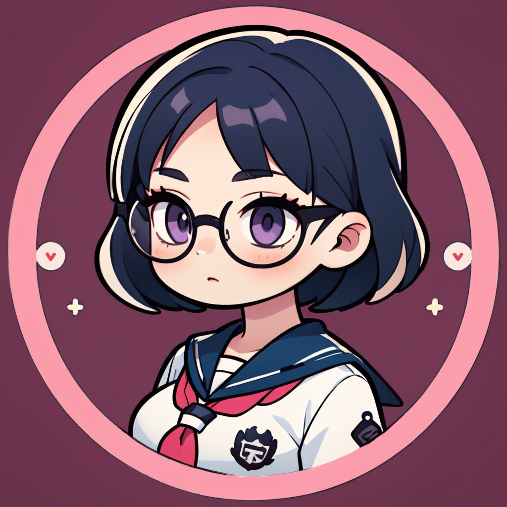 (masterpiece), best quality, highres, ultra-detailed, pastel colors, game illustration, avatar icon, (circle cut:1.2), simple background, medium hair, black hair, medium breasts, purple eyes, school uniform, glasses, red-framed eyewear