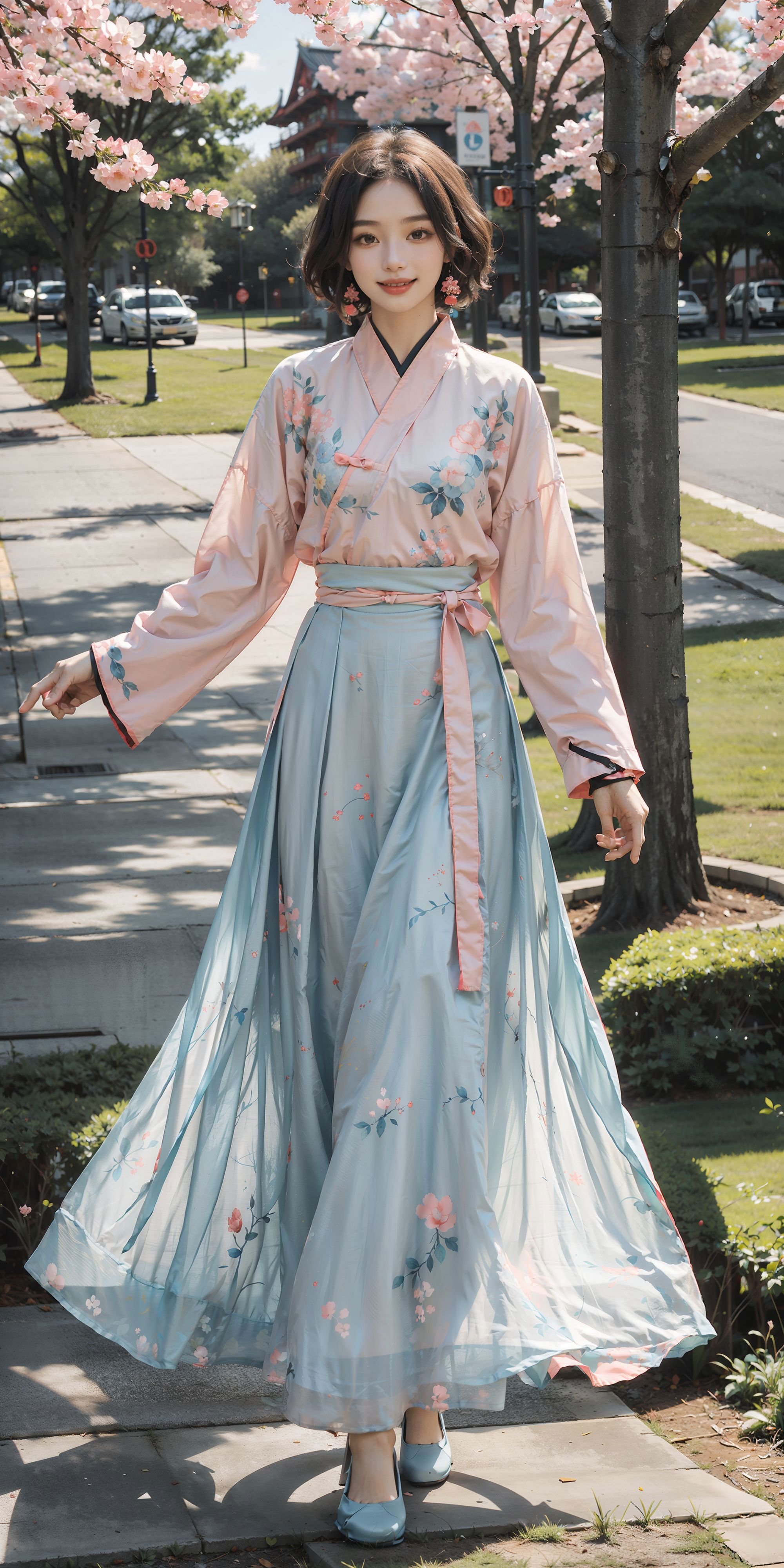 <lora:new_weijin_hanfu:0.6>,1girl,floral print, (blue/white/red/black/yellow/pink print chinese shirt),(pink/yellow/blue/white/red/black print long skirt),full body, short hair, smile, outdoors, park, lawn, flowers,trees, sunshine,lake