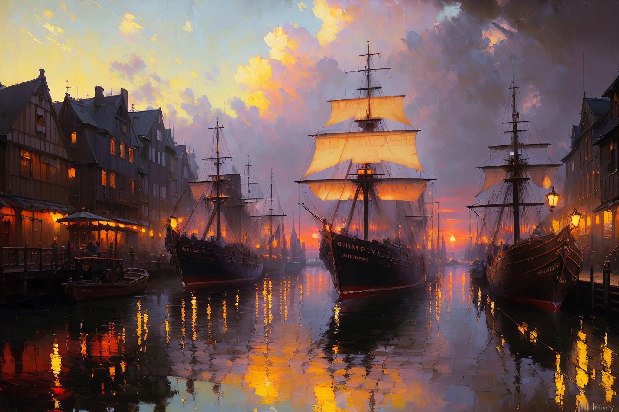 (extremely detailed CG unity 8k wallpaper), ((full shot photo of the most beautiful artwork of a medieval dock & trading district overlooking the water with tall ships coming into port)), ((sunset)), ((reflections on the water)), ((gorgeous cloudy sky)), ((Oil Painting)), ((Painterly)), ((GoT inspired)), nostalgia, (professional majestic oil painting by Ed Blinkey, Atey Ghailan, Studio Ghibli, by Jeremy Mann, Greg Manchess, Antonio Moro, trending on ArtStation, trending on CGSociety, Intricate, High Detail, Sharp focus, dramatic, photorealistic painting art by midjourney and greg rutkowski)
