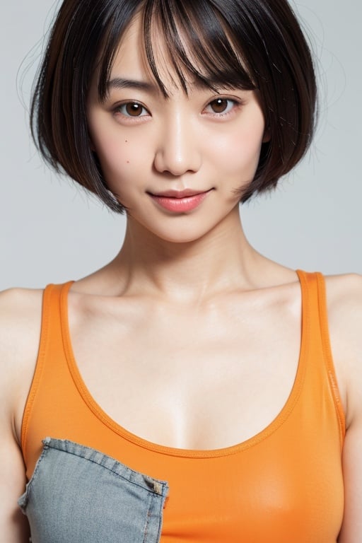 asian woman, bob cut, close-up, smile, (orange tank top), (pastel grey background)