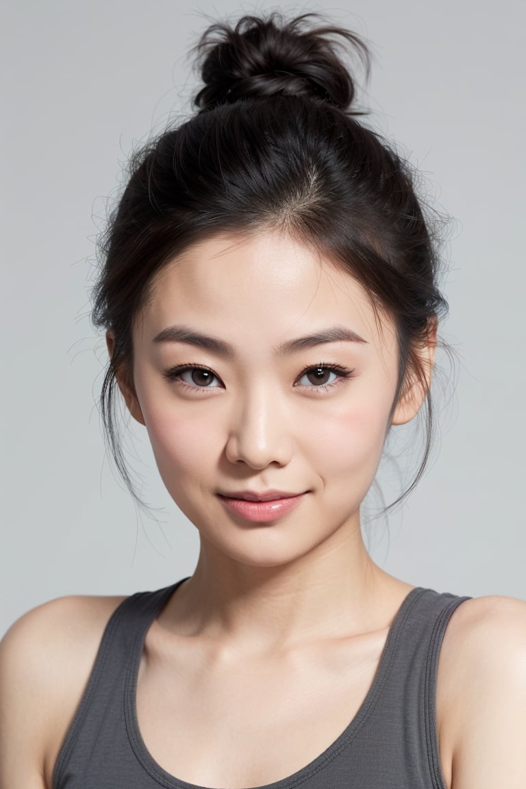 asian woman, chignon, close-up, smile, (black tank top), (pastel grey background)